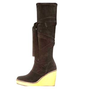 Robert Clergerie black suede pull on wedge boots